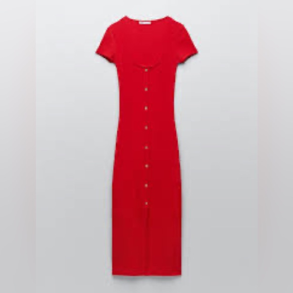 NWT ZARA RED RIBBED DRESS WITH BUTTONS